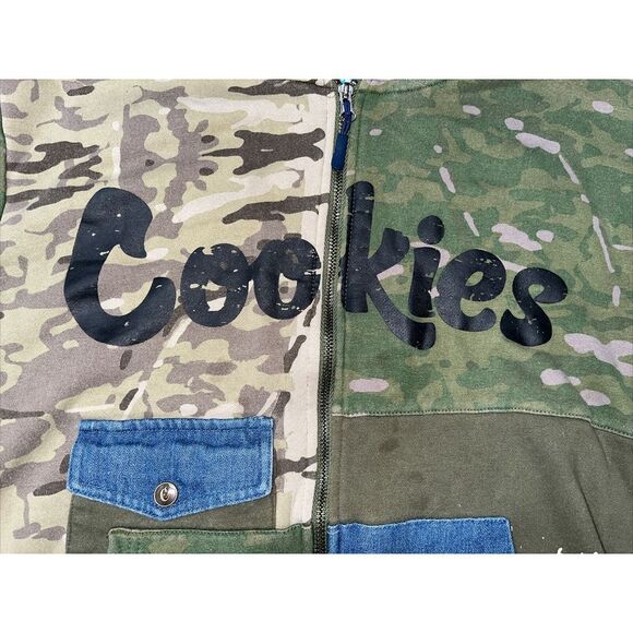 COOKIES Zip Hoodie Men's Size Large Green Camo Jean Full Zip Patchwork - Picture 3 of 14